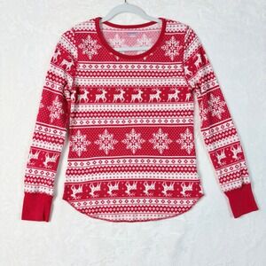 Old Navy Thermal Tee Womens M Red Family Pajama Fair Isle Reindeer Snowflake